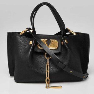Valentino Black Pebbled Leather V-Logo Escape Small Convertible Tote Bag